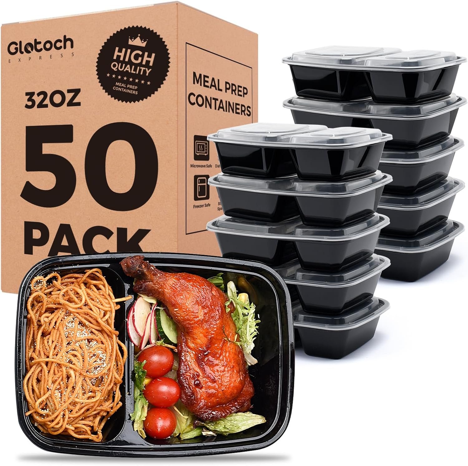 Glotoch 50 Pack(100-Piece)32oz 2-Compartment Meal Prep Containers with Lids | Sturdy Leakproof Plastic Food Storage Containers for Lunch,Microwave,Freezer,Dishwasher Safe and BPA Free Takeout Containers