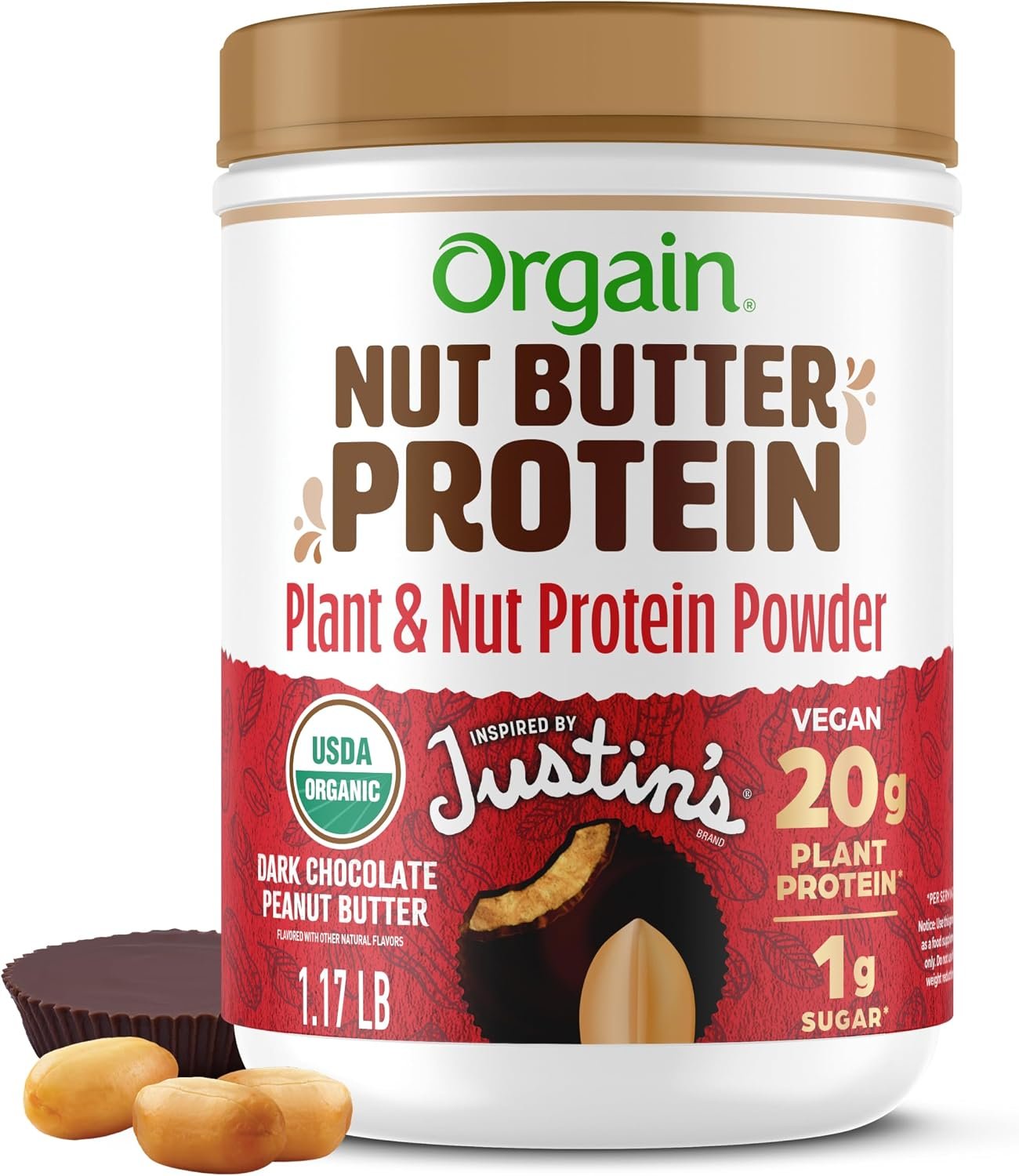 Orgain X Justin’s 20g Protein Powder, Chocolate Peanut Butter, 1.17lb | Organic plant based nut butter protein, 1g sugar, gluten free, no dairy or soy ingredients, no artificial flavors