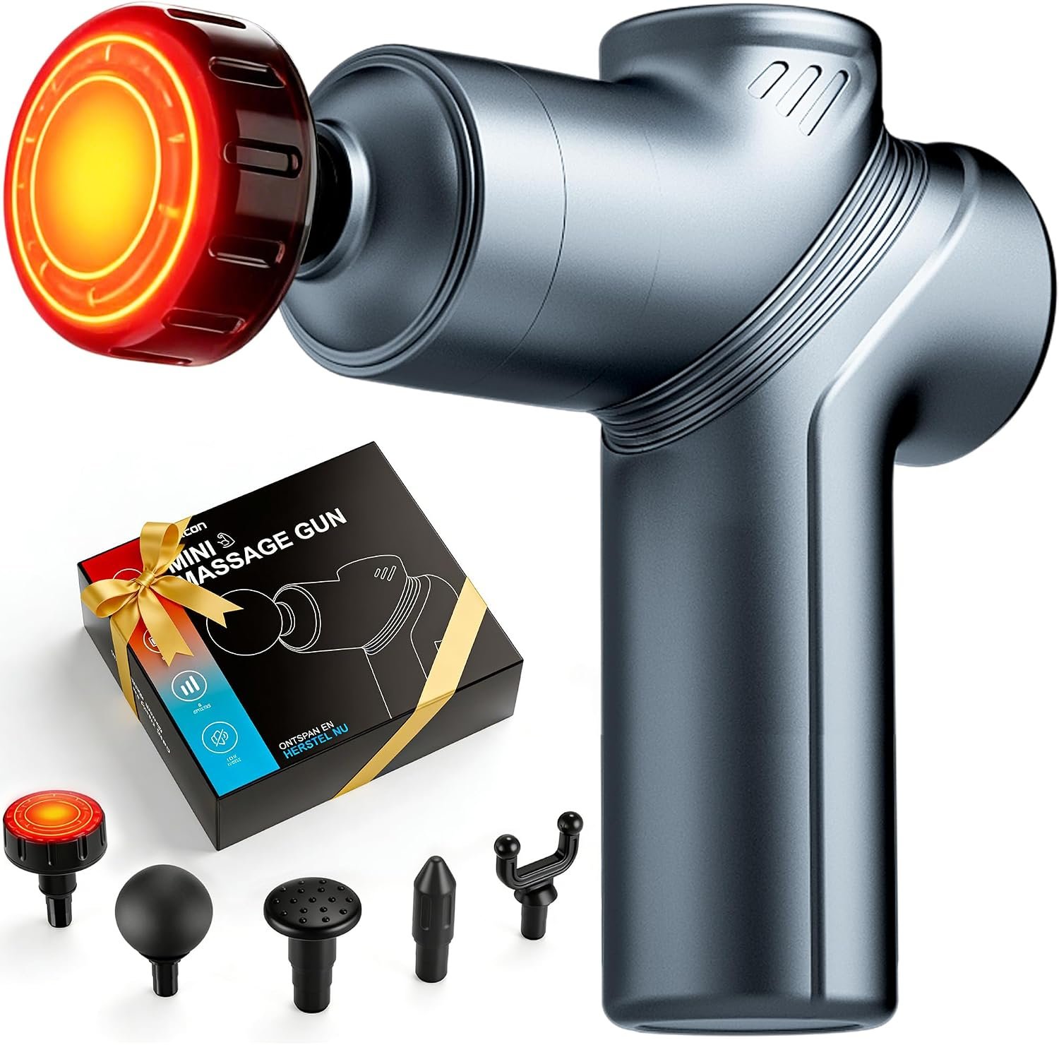 Massage Gun with Heat, Deep Tissue Back Massage Gun for Pain Relief | Small Portable Massager Gun, Back and Neck Massager for Pain Relief, 6 Speed & 4 Heads, Birthday Gifts for Men Dad (Blue)