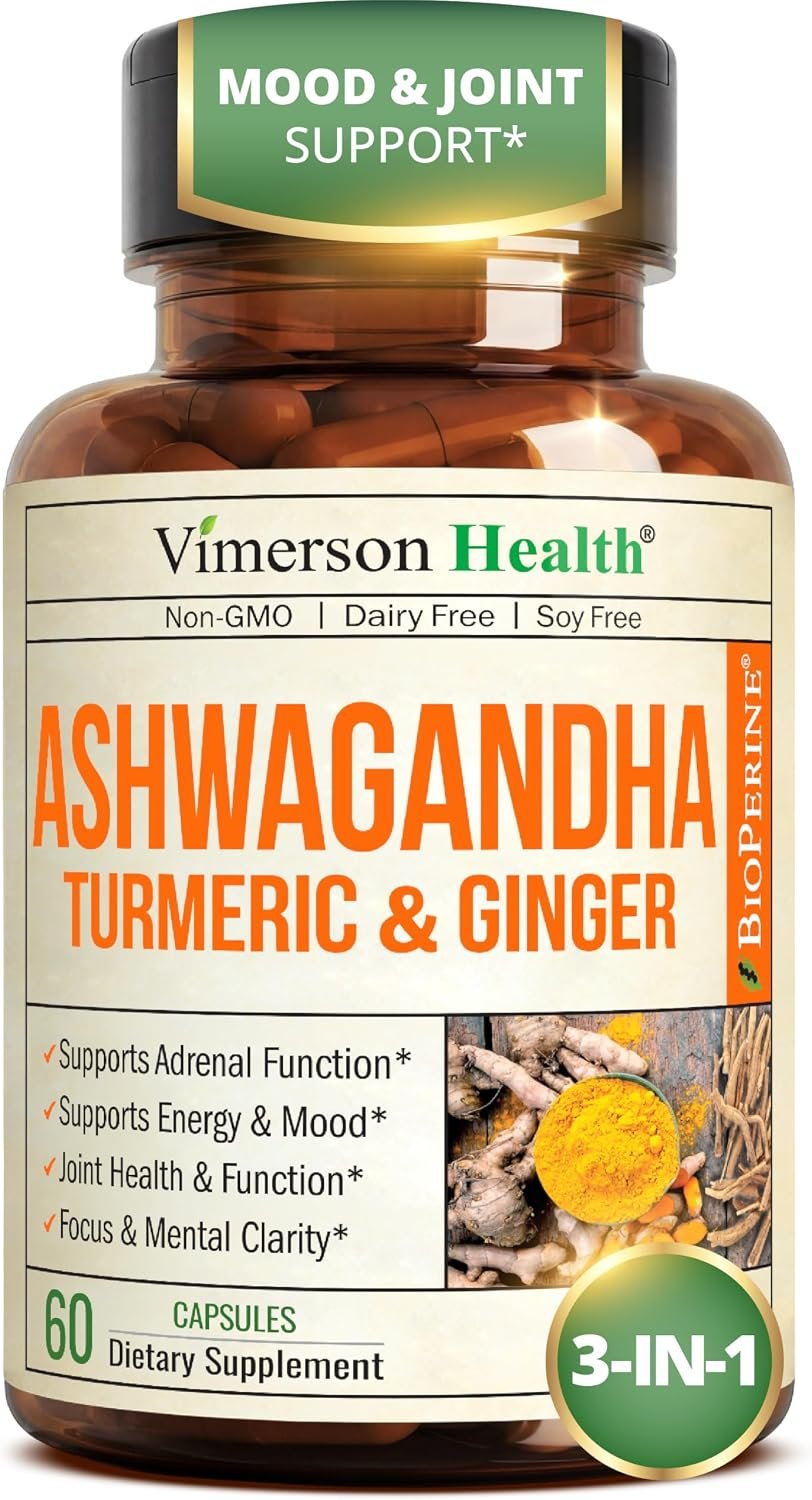 Ashwagandha Capsules for Energy, Mood and Joint Health – All-in-One Formula with Ashwagandha, Turmeric, Ginger Root & Black Pepper for Enhanced Absorption– Ashwagandha for Women & Men – 60 Count