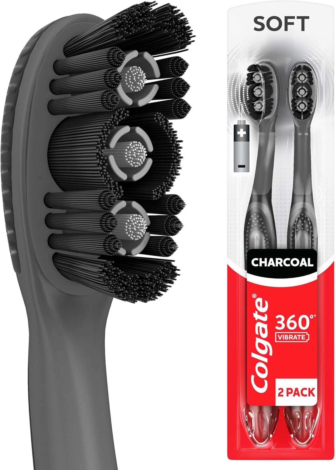 Colgate 360 Vibrate Charcoal Battery Powered Electric Toothbrush with Soft Bristles, 2 Pack, Sonic Powered