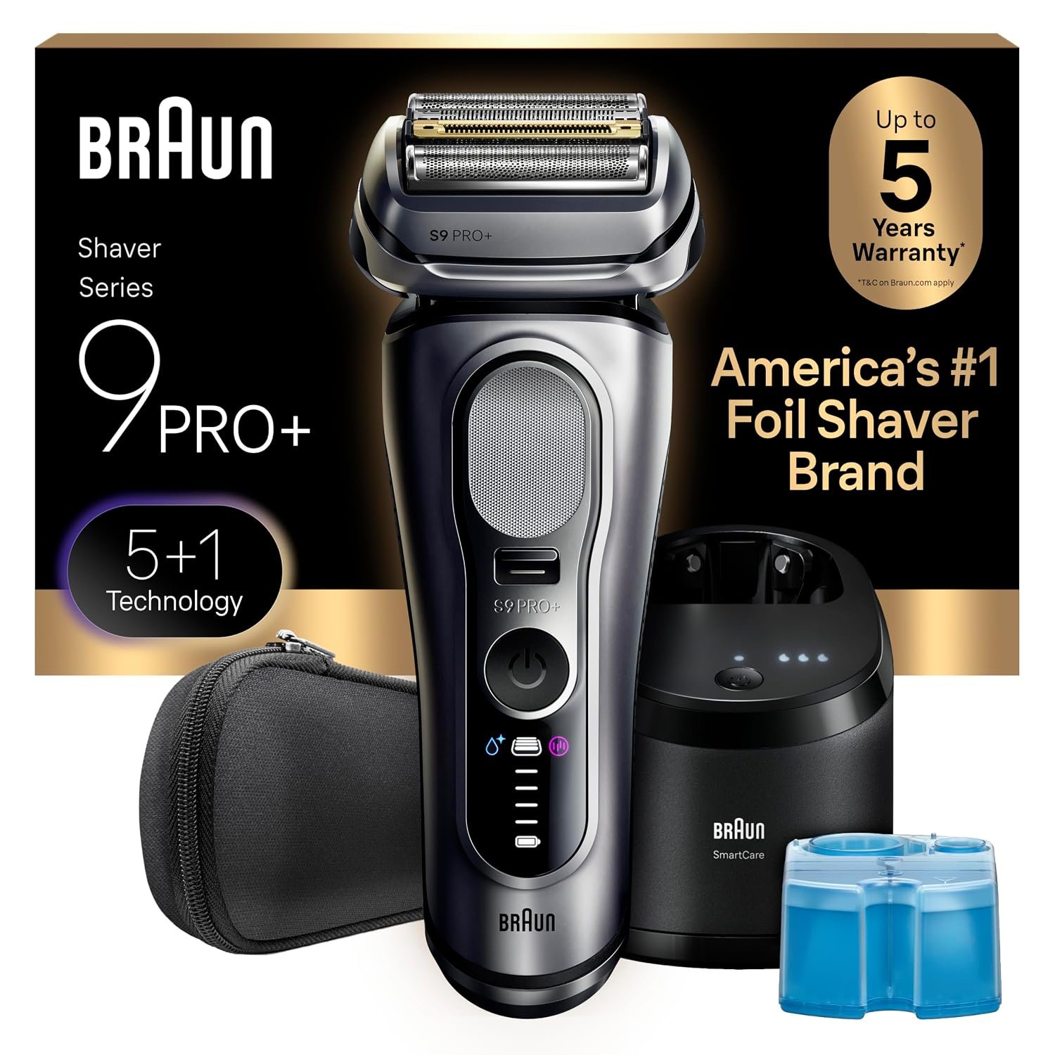 Braun Series 9 PRO+ Electric Shaver for Men, Wet & Dry Foil Razor, 6-in-1 SmartCare Clean & Charge Center, Built-in Precision ProTrimmer, Travel Case, Silver 9667cc