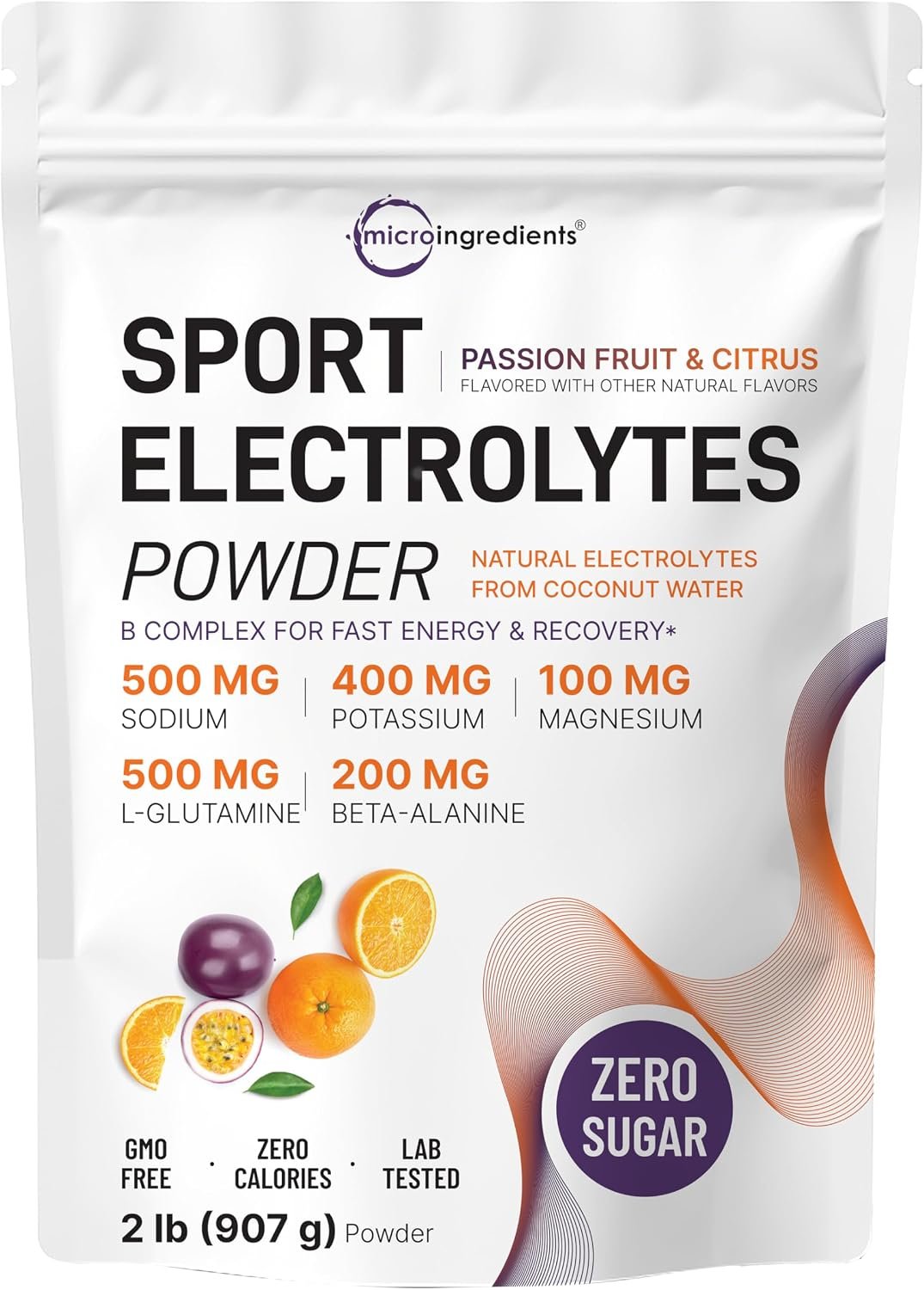 Micro Ingredients Electrolytes Powder, 2 lbs | 95 Servings | Sugar Free Workout Hydration | Potassium, Sodium, L-Glutamine, Beta-Alanine, & More | Natural Coconut Water | Passion Fruit & Citrus Flavor
