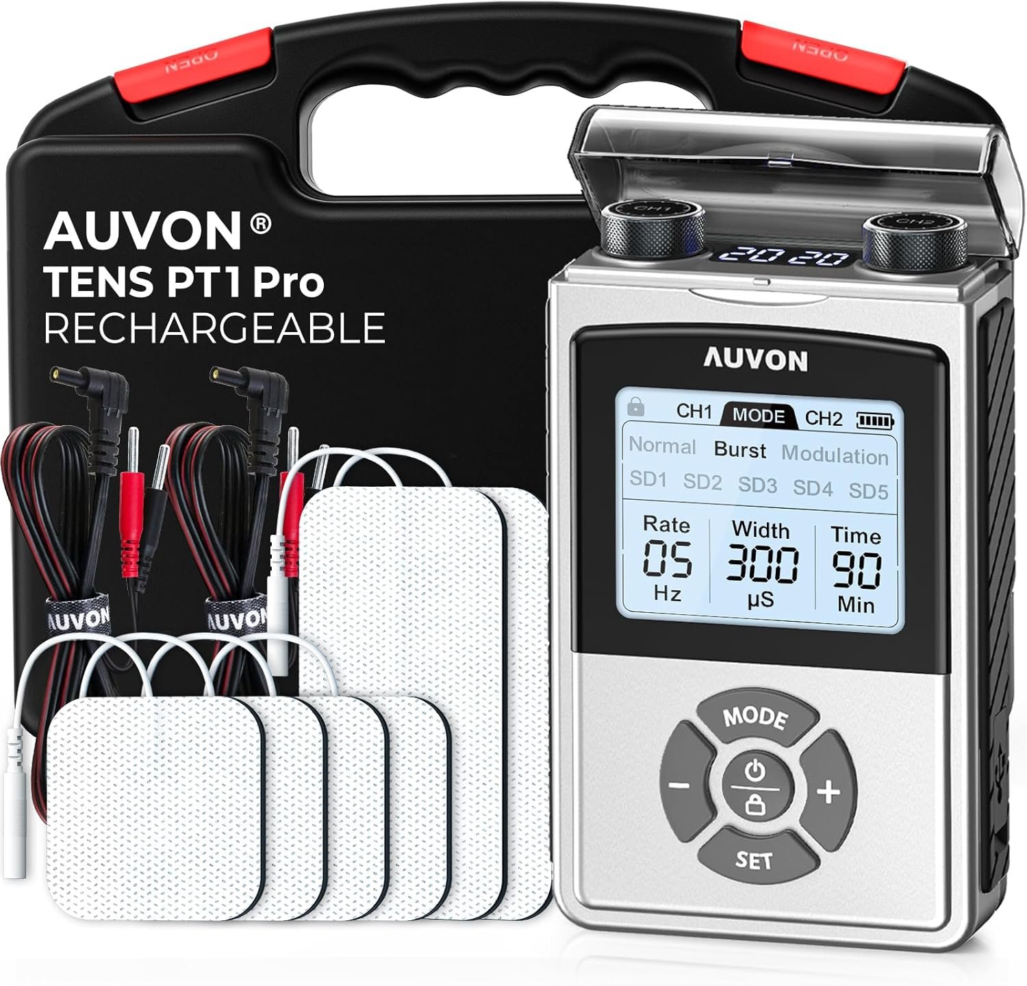 AUVON Rechargeable Digital TENS Unit Muscle Stimulator with 600 mAh Battery | TENS Machine with 40 Levels for Gradual Shoulder, Back, Muscle Pain Relief, 8 Customizable Modes, 6 TENS Pads, A Carry Case