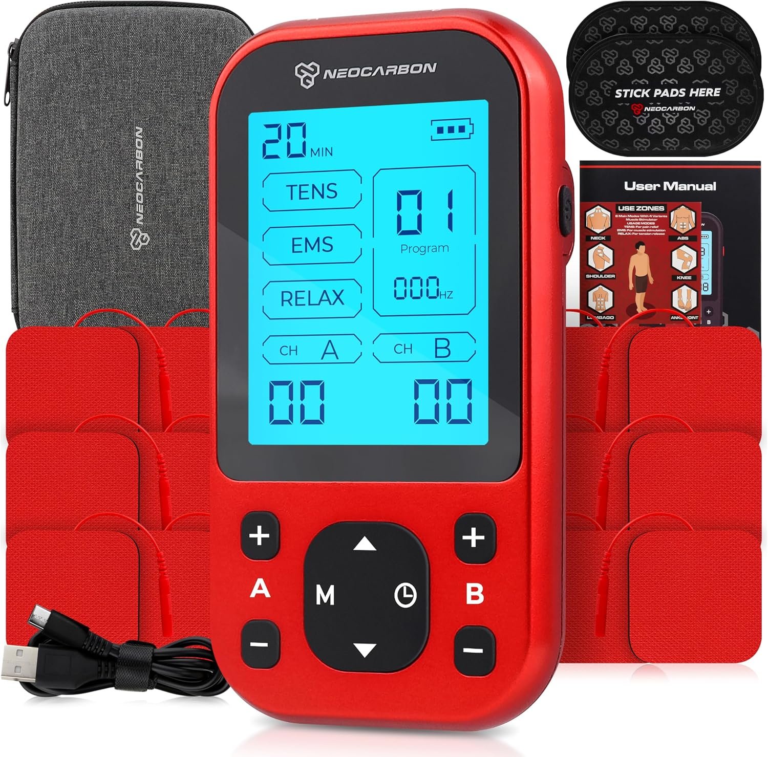NEOCARBON TENS Unit Muscle Stimulator Pro for Back Pain Relief, Shoulder Recovery and Physical Therapy, Electronic Massager Machine with PMS Pulse for Effective Shock Therapy, Red