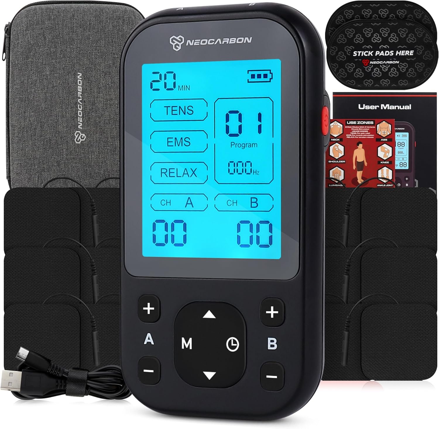 NEOCARBON TENS Unit Muscle Stimulator Pro for Back Pain Relief, Black | Versatile Pain Relief, All-in-One Kit, Portable & Convenient, Pulse Massager Pain Relief Kit, Fast & Efficient Charging