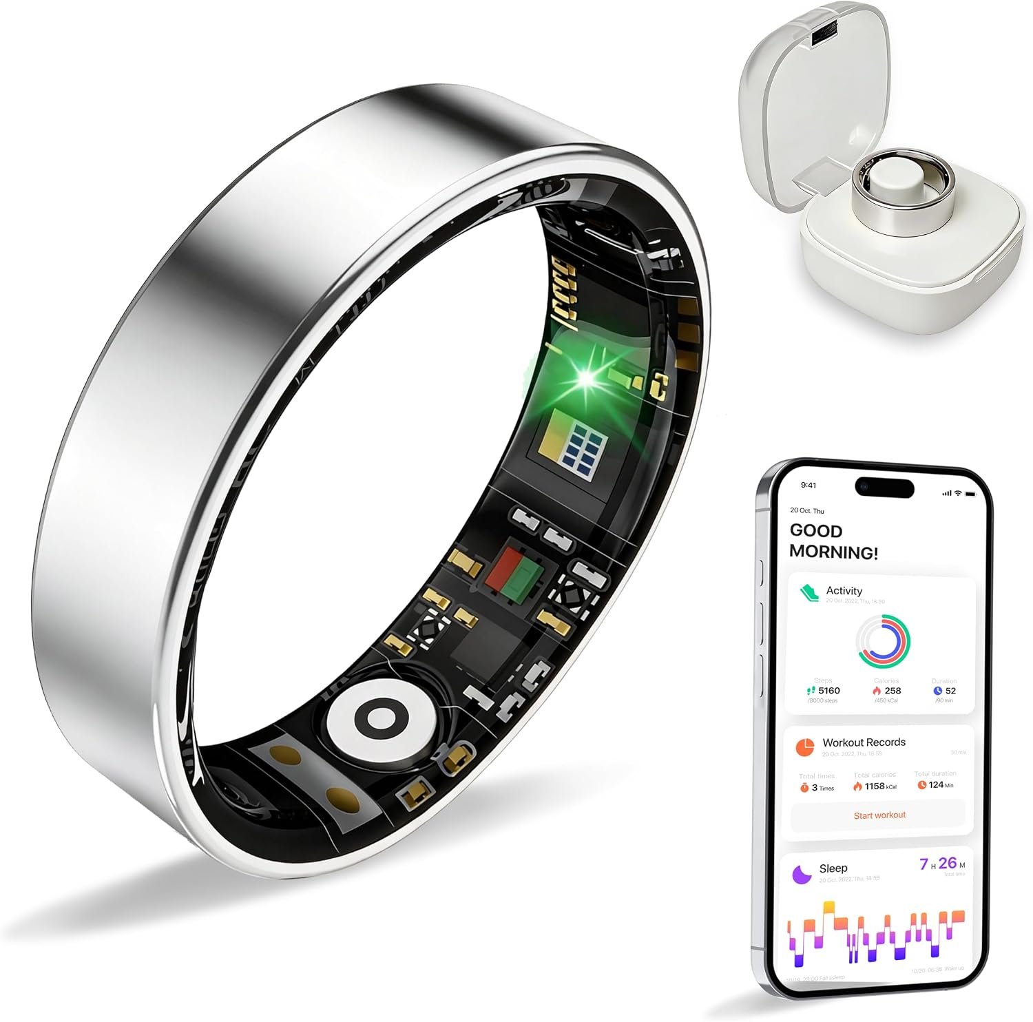 New Smart Ring Health Tracker for Women & Men, Sleep Exercise Health Monitoring, Daily Tracking, iOS/Android Compatible, IP68 Waterproof, No Subscription Required, 5‑Day Battery Life (Silver, 9)