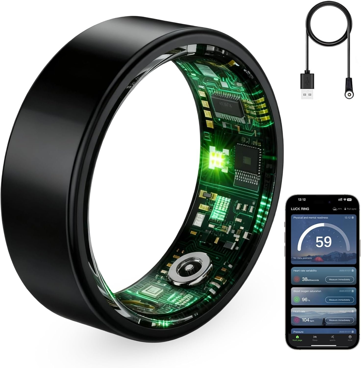 Smart Ring for Women & Men, Fitness Tracker Ring with Heart Rate Monitor, HRV, Sleep Tracking, No Subscription Fee, 10ATM Waterproof Activity Ring for Android & iPhone (Black, #10)