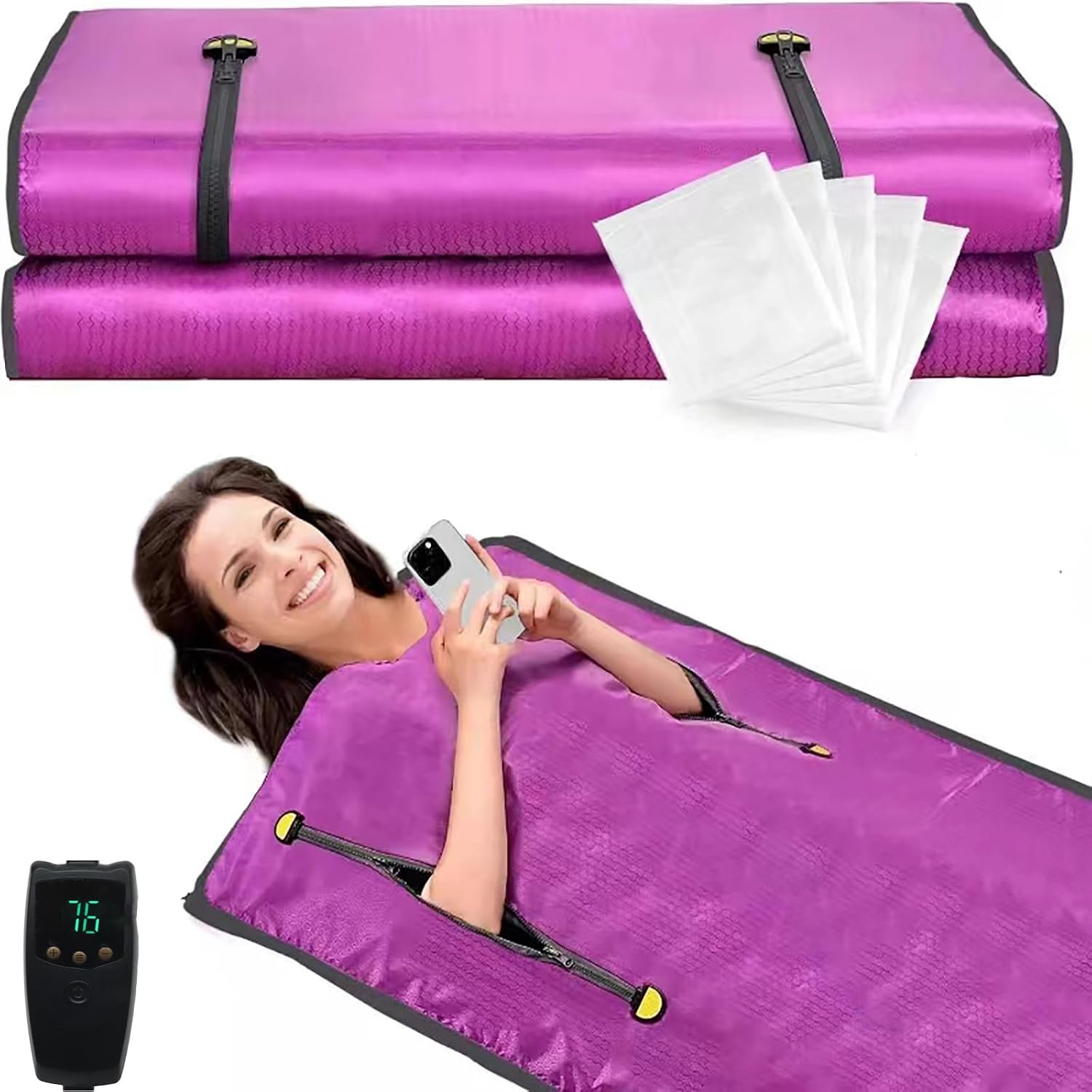 Infrared Sauna Blanket, Upgraded Blanket for Detox, Home Sauna with Remote, Including 5 Pieces Plastic Sheeting for Body Wrap (Purple)
