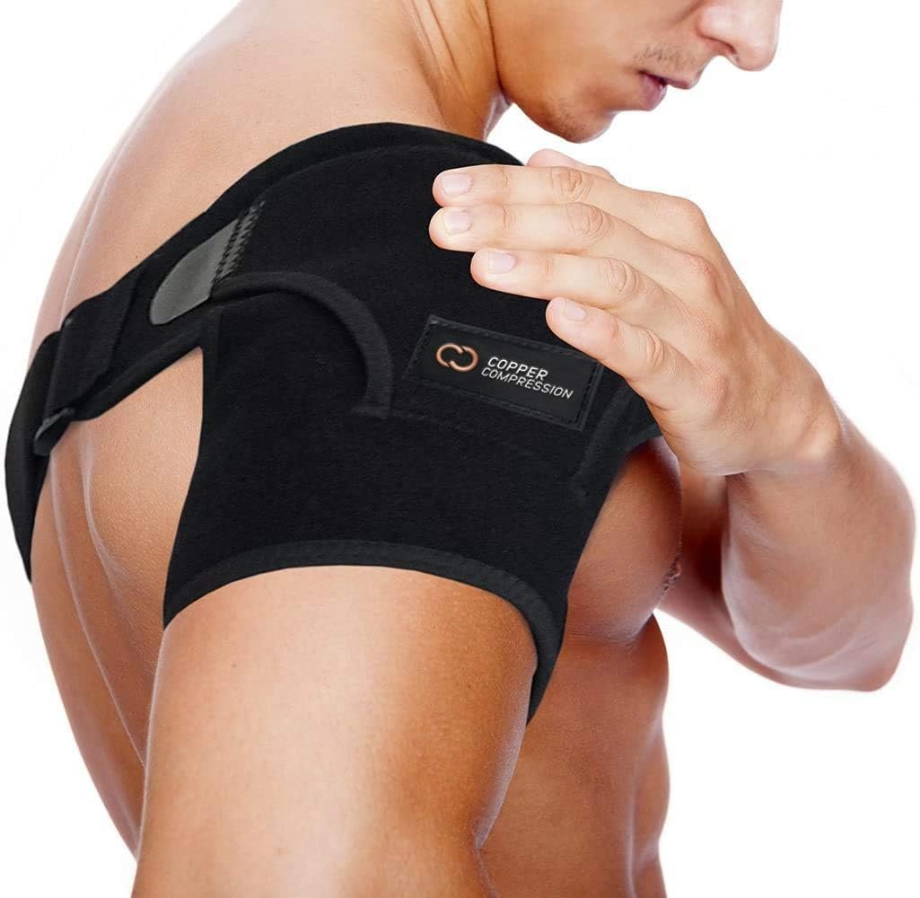 Copper Compression Recovery Shoulder Brace – Immobilizer for Torn Rotator Cuff, AC Joint Pain Relief, Dislocation, Arm Stability, Injuries, Tears – Adjustable Fits Men, Women – Black – S/M