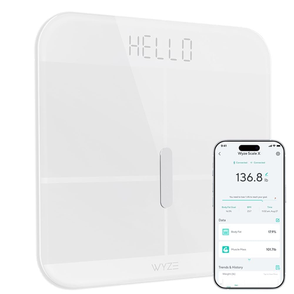 Wyze Smart Scale X Digital Bathroom Scale for Body Weight and Fat(White) | BMI Muscle Mass Body Composition Scale, ITO Glass, Baby/Pet/Luggage Modes, Batteries Included, Syncs with Fitness Apps
