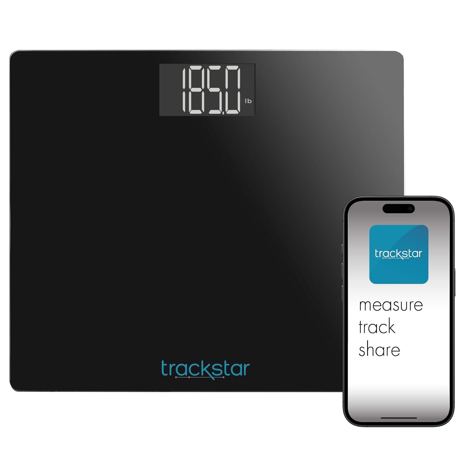 trackstar Wide-Platform Digital Body Weight Scale, Bluetooth, Black | Measure, Track, and Share Results, 550 lb Capacity, Syncs to trackstar App, Tempered-Glass Platform, iOS & Android