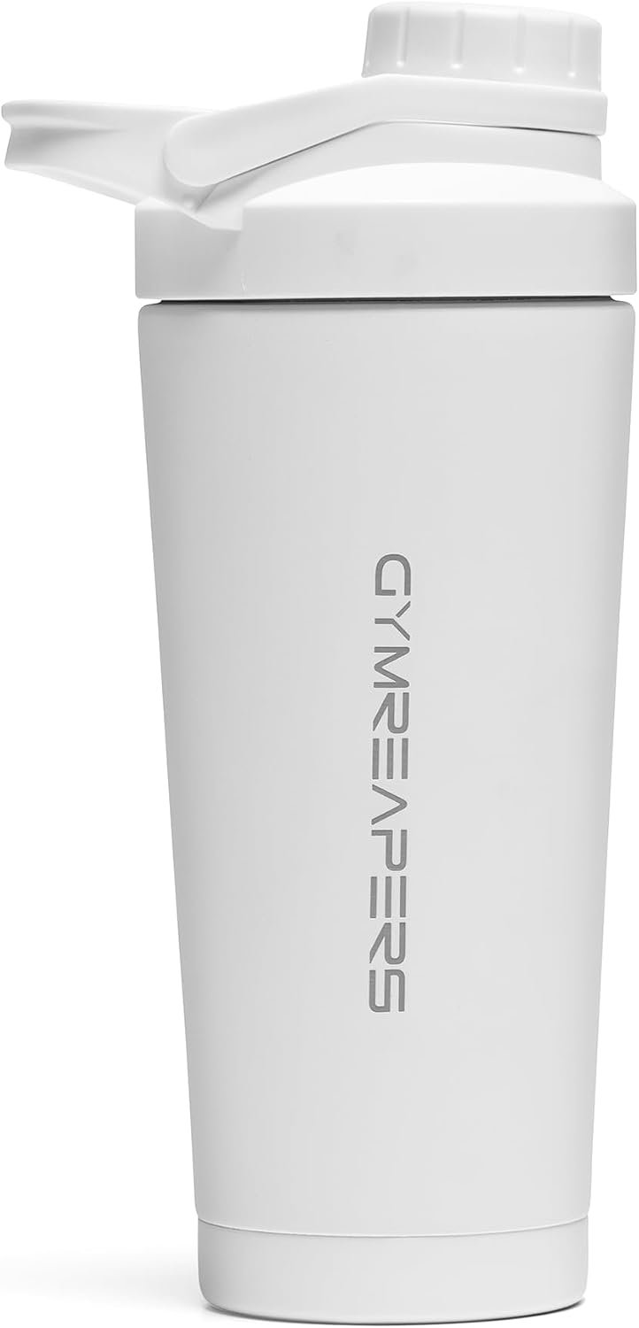 Gymreapers Stainless Steel Protein Shaker Bottle – Double Wall Insulated, Leak Proof, BPA-Free Metal Vacuum Blender Cup For Gym, Sports, Pre & Post-Workout Cold Hydration – 26 OZ (White)
