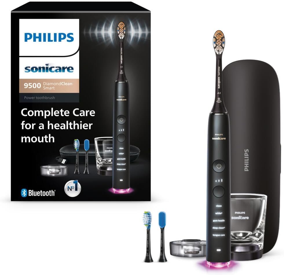 Philips Sonicare DiamondClean 9500 Electric Toothbrush 3 Brush Heads, Black | 2000% More Plaque Removal¹, Visual Pressure Sensor, 15 Brush Setting, App Connected, 14-Day Battery, Charging Case, HX9923/11