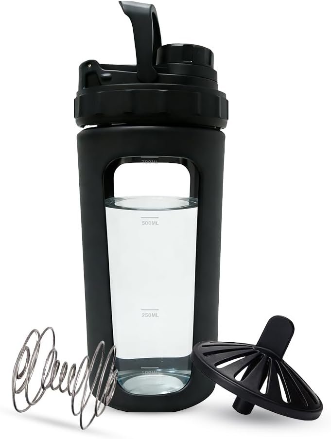 BYLWORKOUT 26 oz Glass Shaker Bottle with Silicone Sleeve and Mixing Ball