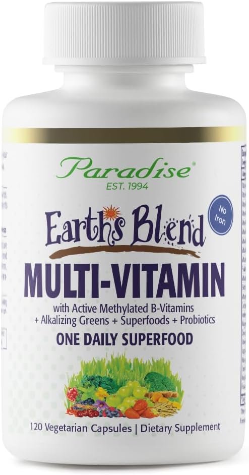 Paradise Herbs Earth’s Blend Once Daily Multivitamin No Iron 120 | Dietary supplement with 48 organic superfoods, probiotics, antioxidants, vitamins A B12 C D and K2, vegetarian tablets.