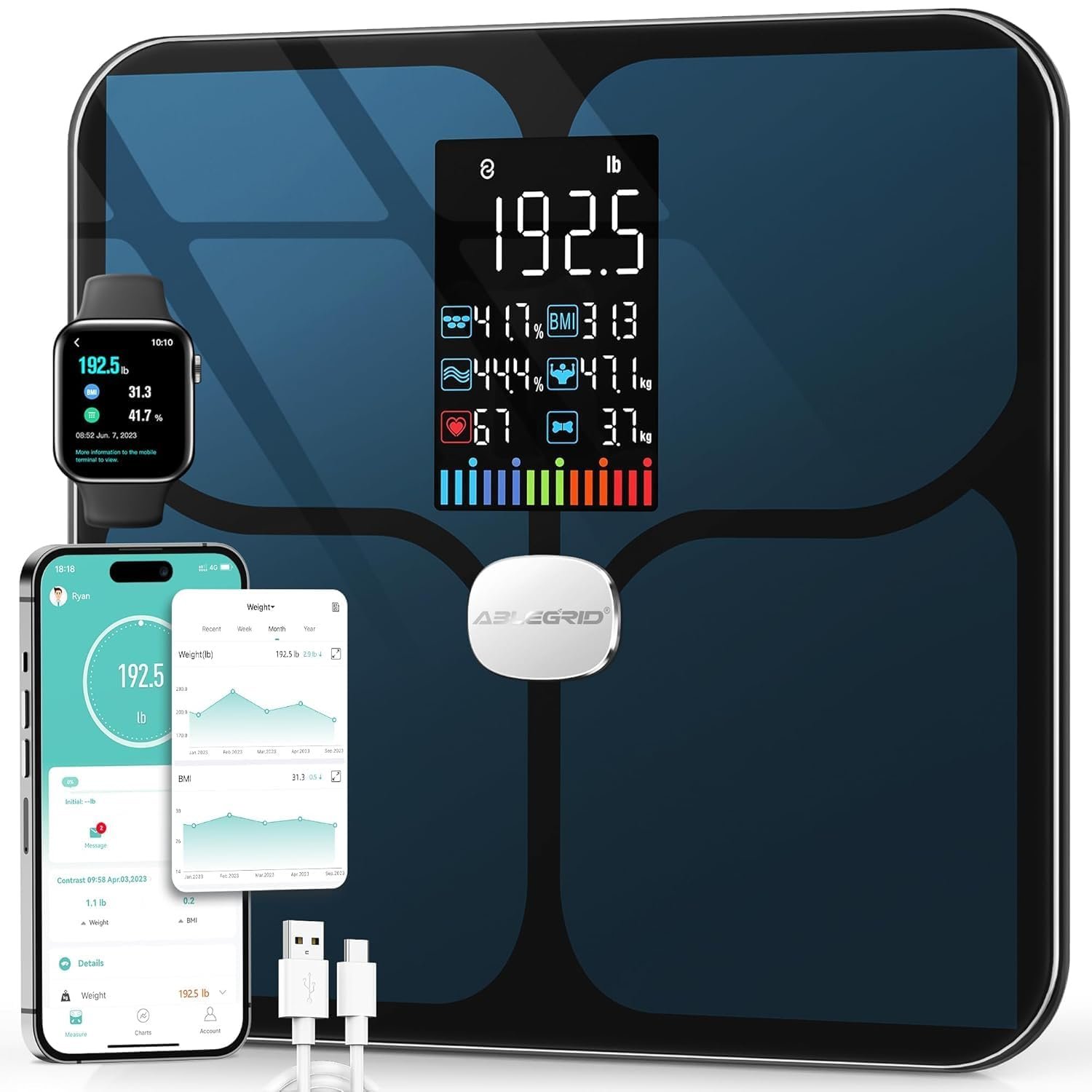 ABLEGRID Rechargeable Digital Bathroom Scale for Body Weight, Smart Scale Tracks 22 Metrics Including Body Fat, BMI, Muscle Mass, Heart Rate, Baby Mode, Large Color Display, 400 lbs