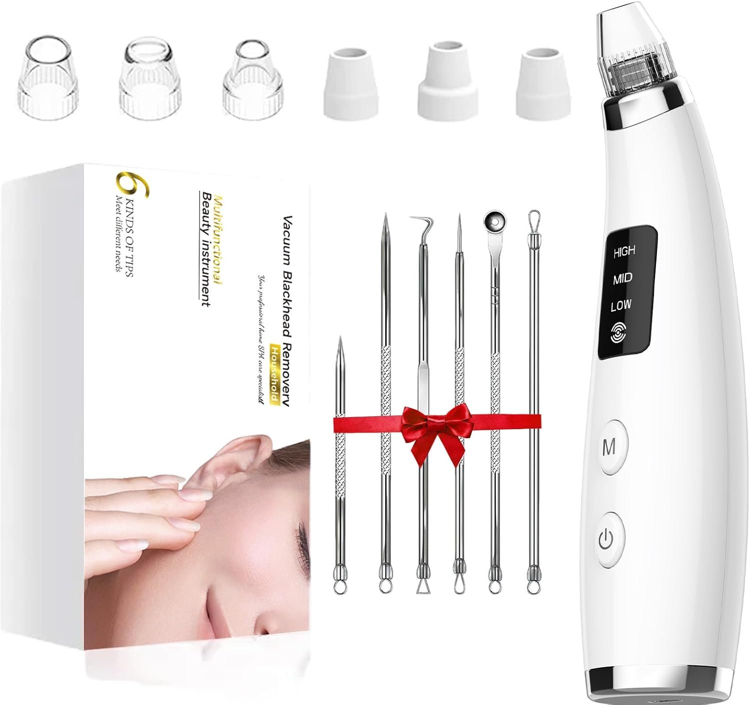 Blackhead Remover Vacuum, Type-C Rechargeable Pore Cleaner with 3 Adjustable Suction, 6 Probes & Comedone Extractor Tool Kit for Women and Men, White Heads Removal for Face & Nose (White)