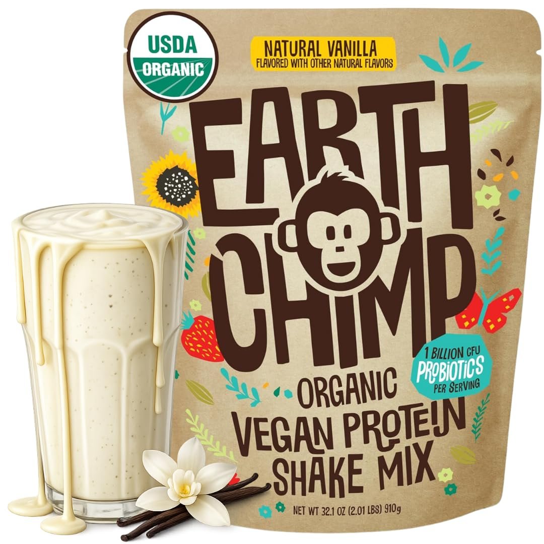 EarthChimp Organic Vegan Protein Powder – with Probiotics – Non GMO, Dairy Free, Non Whey, Plant Based Protein Powder for Women and Men, Gluten Free – 26 Servings 32 Oz (Vanilla)