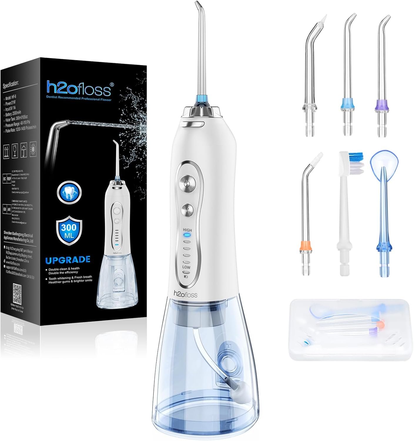 H2ofloss Water Dental Flosser Portable Dental Oral Irrigator with 5 Modes, 6 Replaceable Jet Tips, Rechargeable IPX7 Waterproof Teeth Cleaner for Home and Travel -300ml Detachable Reservoir (HF-6)