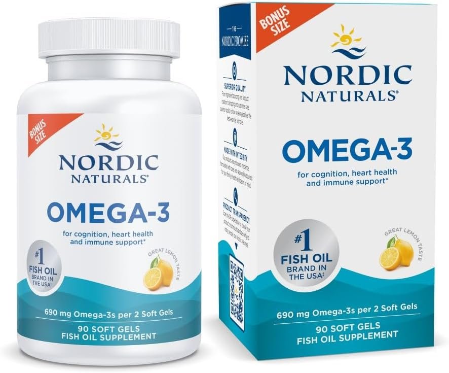 Nordic Naturals Omega-3, 690mg Fish Oil, EPA & DHA, Lemon – 90 Count | Omega-3 fish oil supports immune, brain & heart health. Optimal Wellness. Non-GMO, burpless. 45 servings.