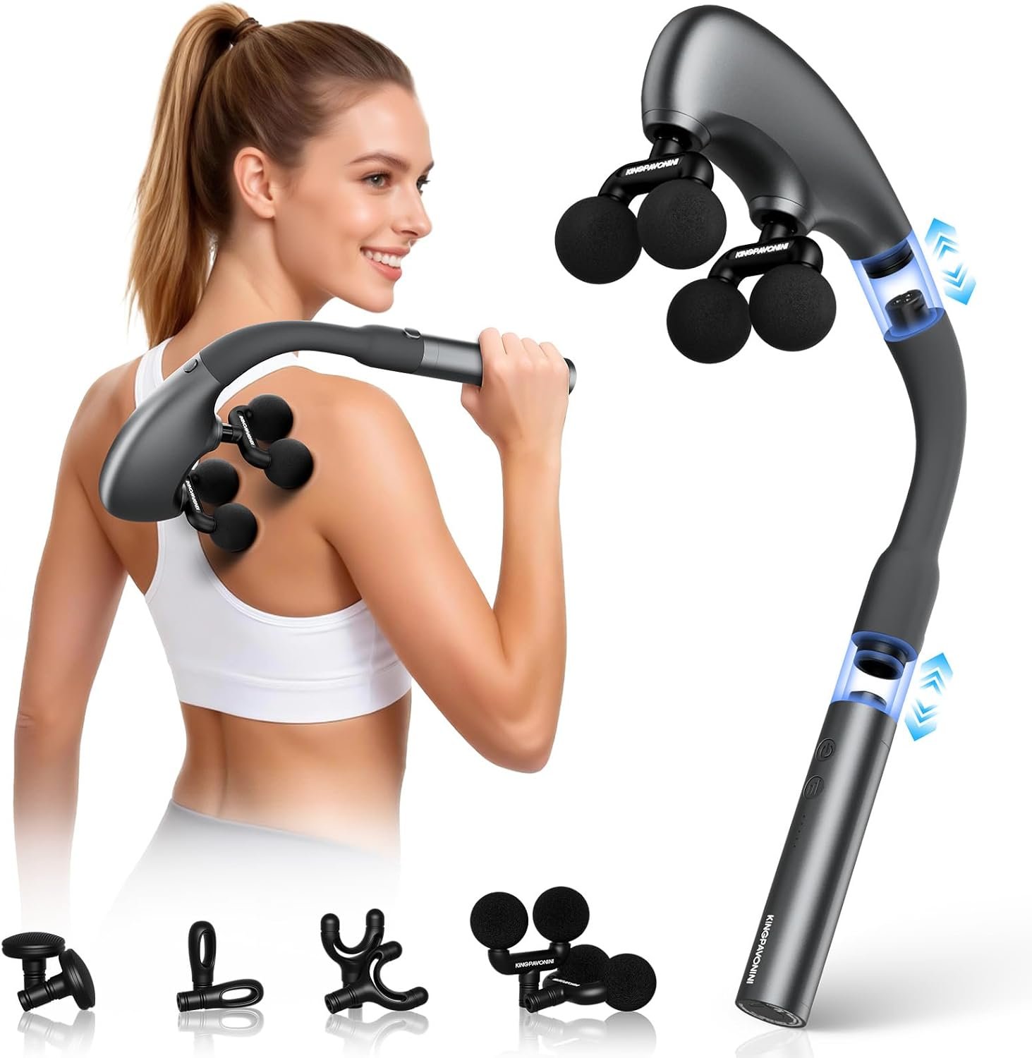Detachable Massage Gun Deep Tissue, Multi-Head, Model MG201 | Extension Handle, Large Coverage, Handheld Alternating Percussion Back Massager Gun for Pain Relief, Gift for Men Women