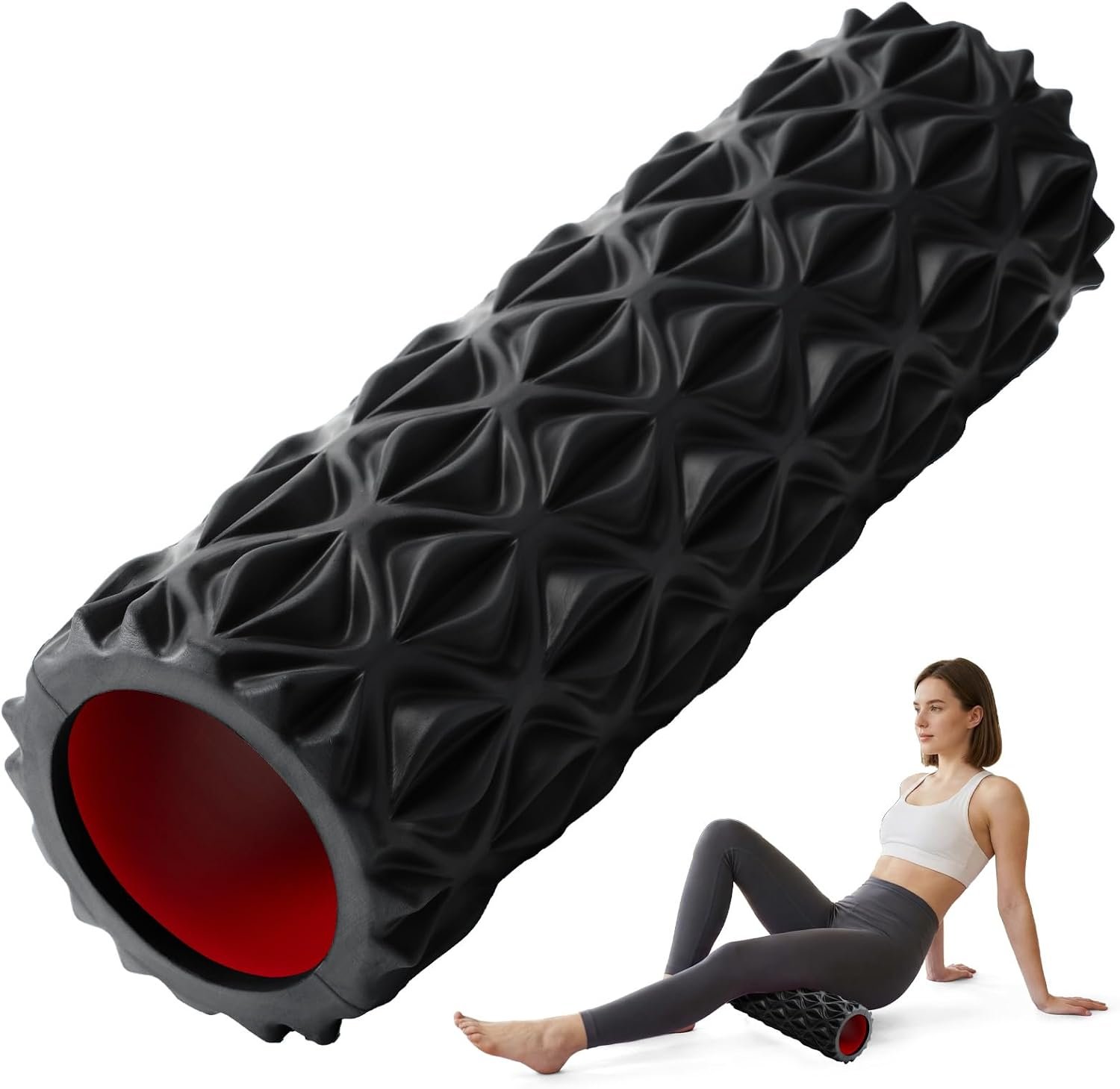 Foam Roller for Deep Tissue Massager High Density Massage Roller | Diamond-Shaped Texture, Myofascial Release, Deep Tissue Muscle Massage Trigger Point Back Roller for Fitness (15″ Black)