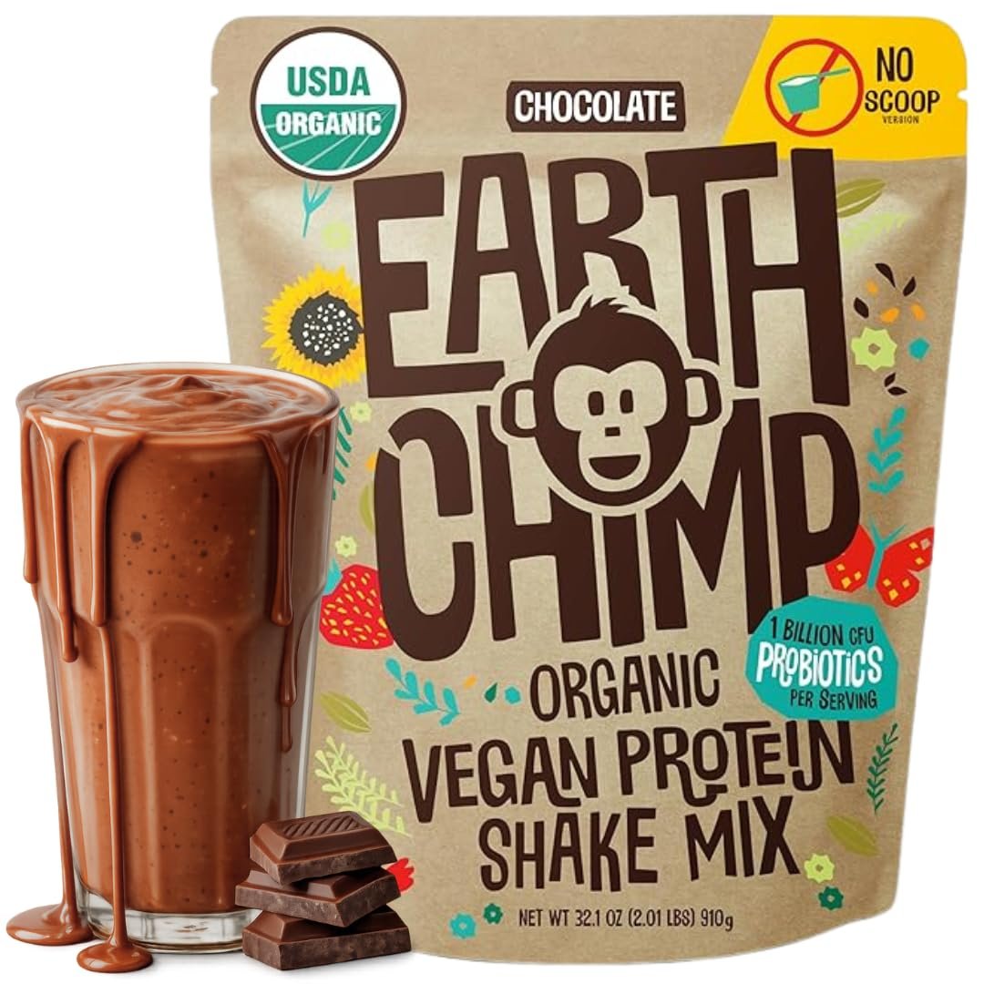 EarthChimp Organic Vegan Protein Powder – with Probiotics – Non GMO, Dairy Free, Non Whey, Plant Based Protein Powder for Women and Men, Gluten Free – 26 Servings 32 Oz (Chocolate) No Scoop