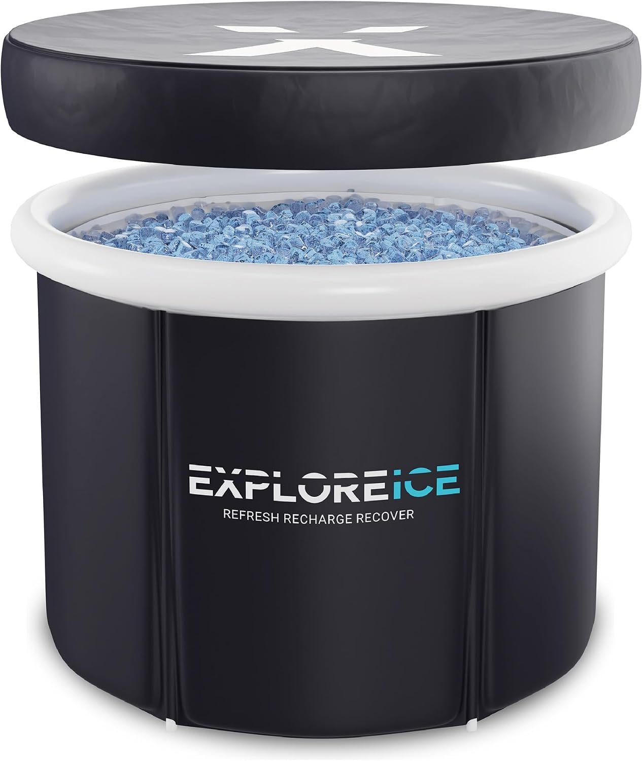 Explore Ice Bath Pro Max Extra Large Outdoor Inflatable Portable Athlete Cold Water Therapy Plunge Barrel Bath Tub with Lid and Carry Bag, Black/White