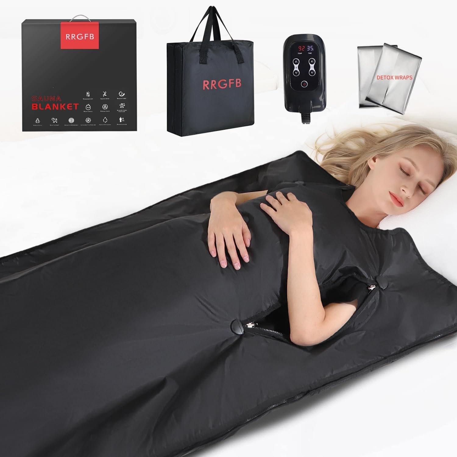 Portable Infrared Sauna Blanket, Detox & Relaxation at Home, Adjustable Timer 20-60 Min, Temperature Range 86-158℉, 6 ft x 2.6 ft, Oxford Fabric | Full-size 6 ft x 2.6 ft infrared sauna blanket for at-home spa sessions, post-workout recovery and daily stress relief