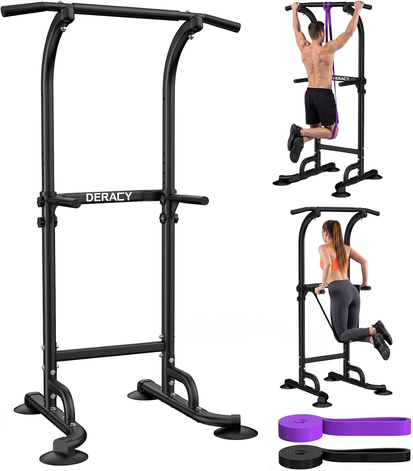 DERACY Pull Up Bar Free Standing, Power Tower with Pull Up Assistance Bands, Adjustable Height Pull Up Dip Station, Dip Bars for Home Gym Strength Training, Push Up Bar