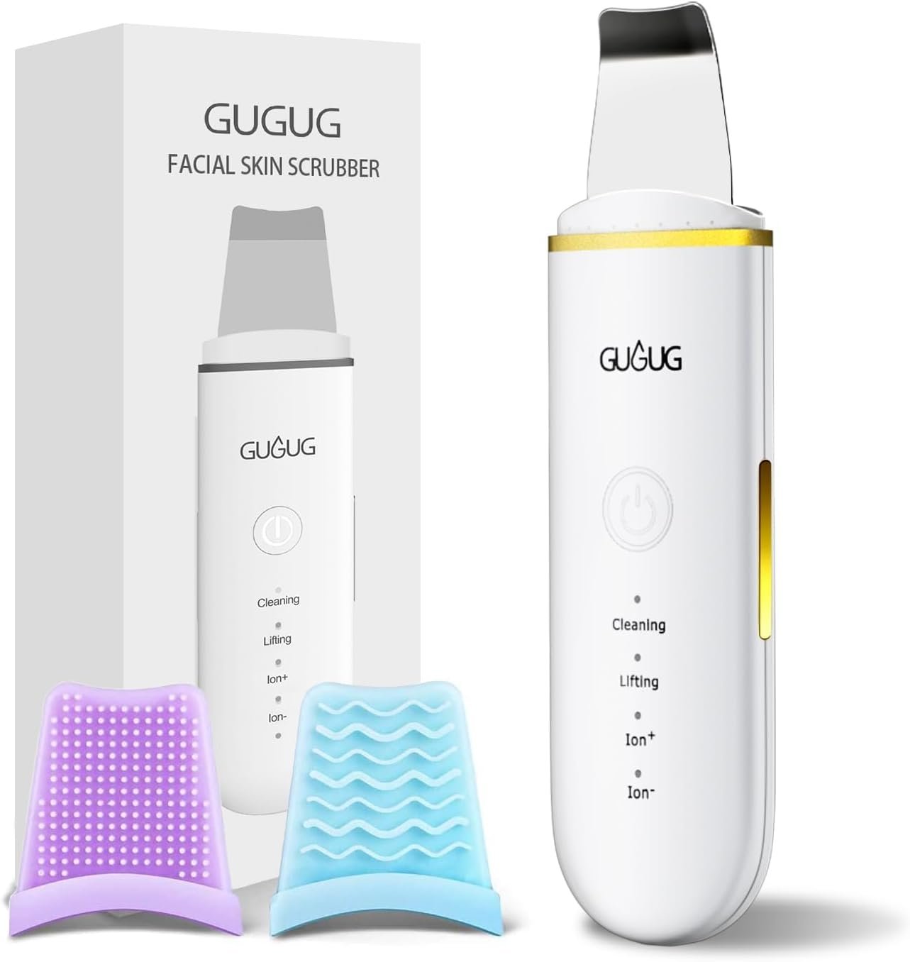GUGUG Skin Scrubber Spatula Pore Cleaner Blackhead Remover,4 Modes,White | Deep-cleansing face spatula for blackheads,pores and whiteheads,with 5-minute auto-off,USB charging and 2 silicone heads.