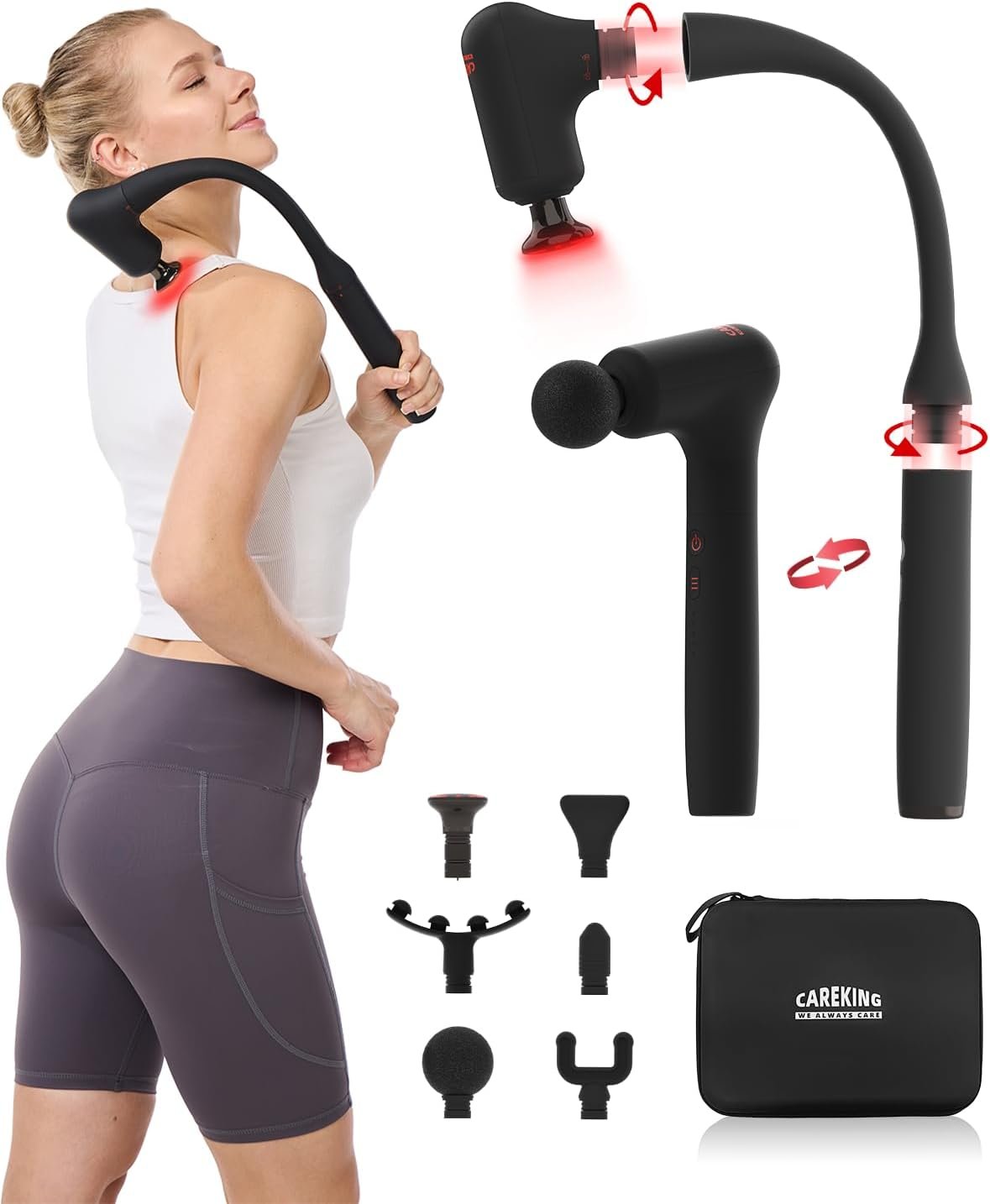 2-in-1 Detachable Massage Gun with Heat, Muscle Massager with Long Handle | Self back massage, muscle pain relief, back and neck massager, handheld massager for shoulder,leg,thigh, fsa – hsa eligible