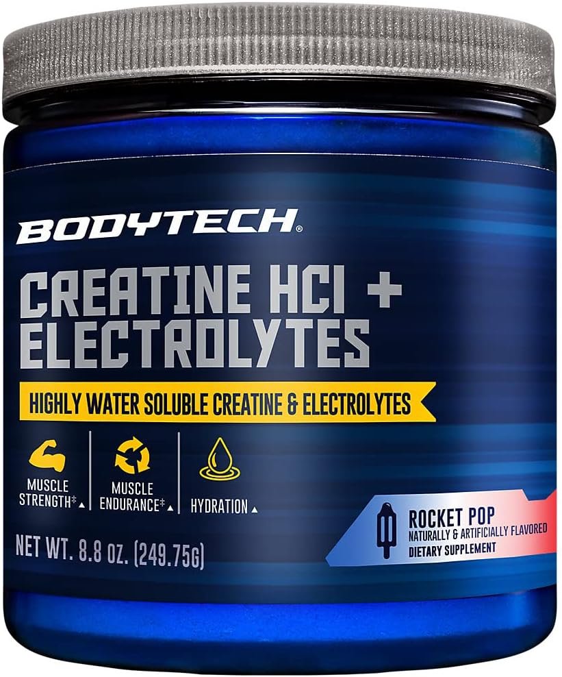 BodyTech Creatine HCl + Electrolytes Powder, Rocket Pop, 8.8 Oz | Highly Water-Soluble Creatine With Electrolyte Minerals, Supports Hydration and Performance, Rocket Pop Flavor, 75 Servings