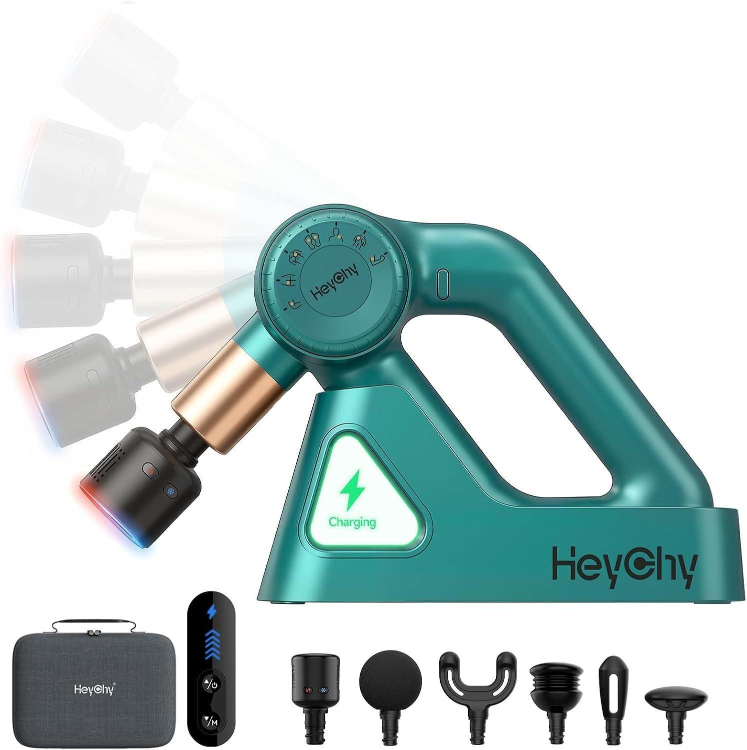 Massage Gun Deep Tissue Portable Muscle Massager Heat and Cold, Green | 6-12mm with Adjustable Arm, 6 Heads for Men Women Back Neck Legs Muscle Relief, Quiet for Home Gym Office, FSA Eligible, HSA