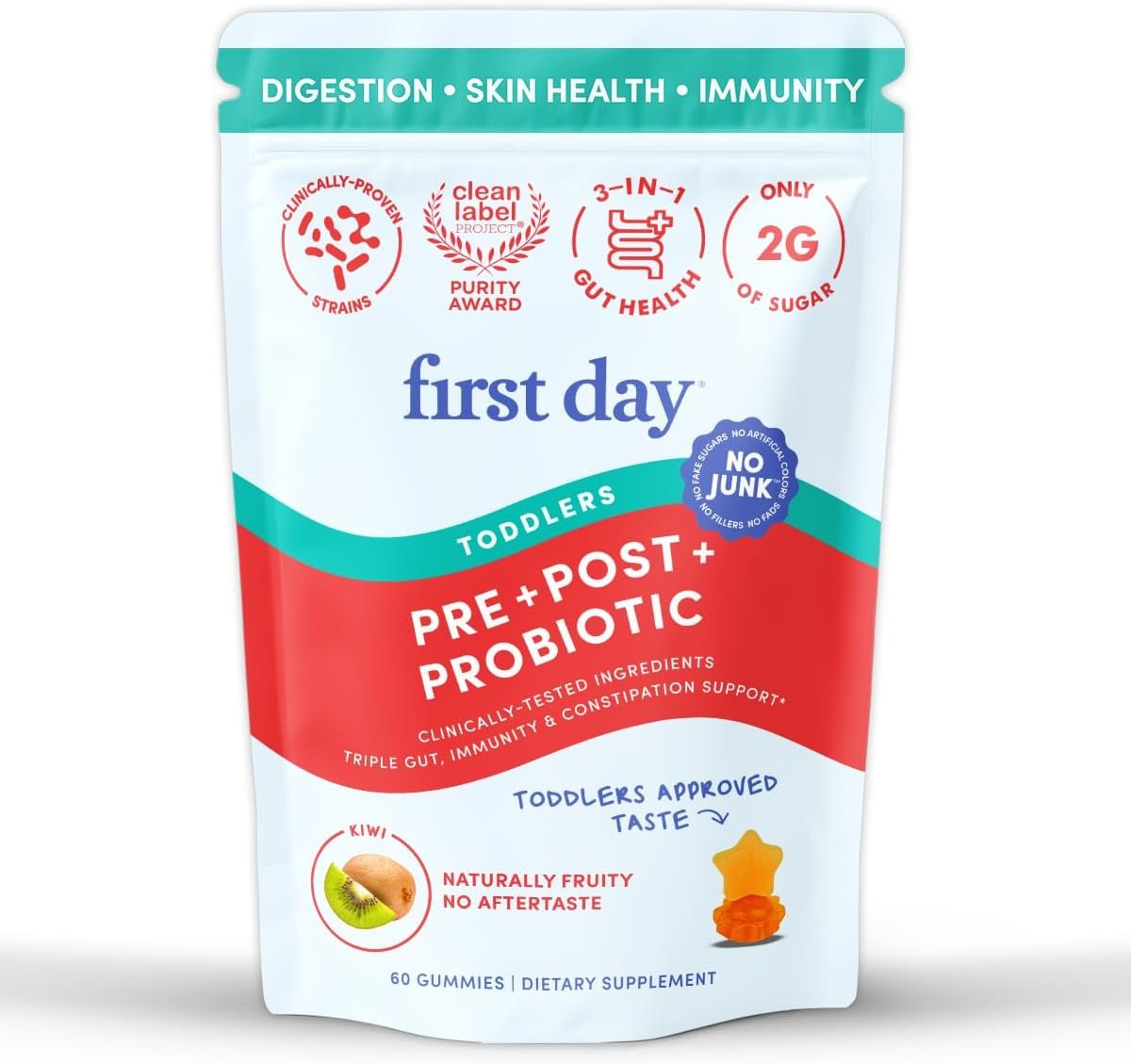 FIRST DAY Toddler Probiotic Gummies Ages 2-3, 3-in-1, Kiwi Flavor, 60ct | Vegan infant probiotics ages 2-3 with Livaux® prebiotic, postbiotics and 900M CFU; kiwi flavor, 2 daily.