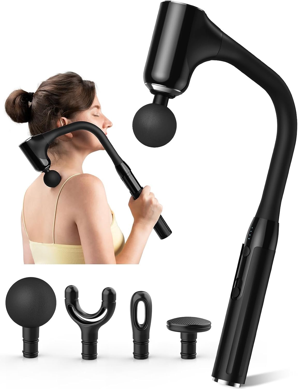 FVZ Massage Gun for Deep Tissue Back Massage with Extended Handle, Black | 12MM Percussion Less-Shock Neck/Foot/Leg/Shoulder Massager, Infinitely Adjustable Speed & 4 Replaceable Heads