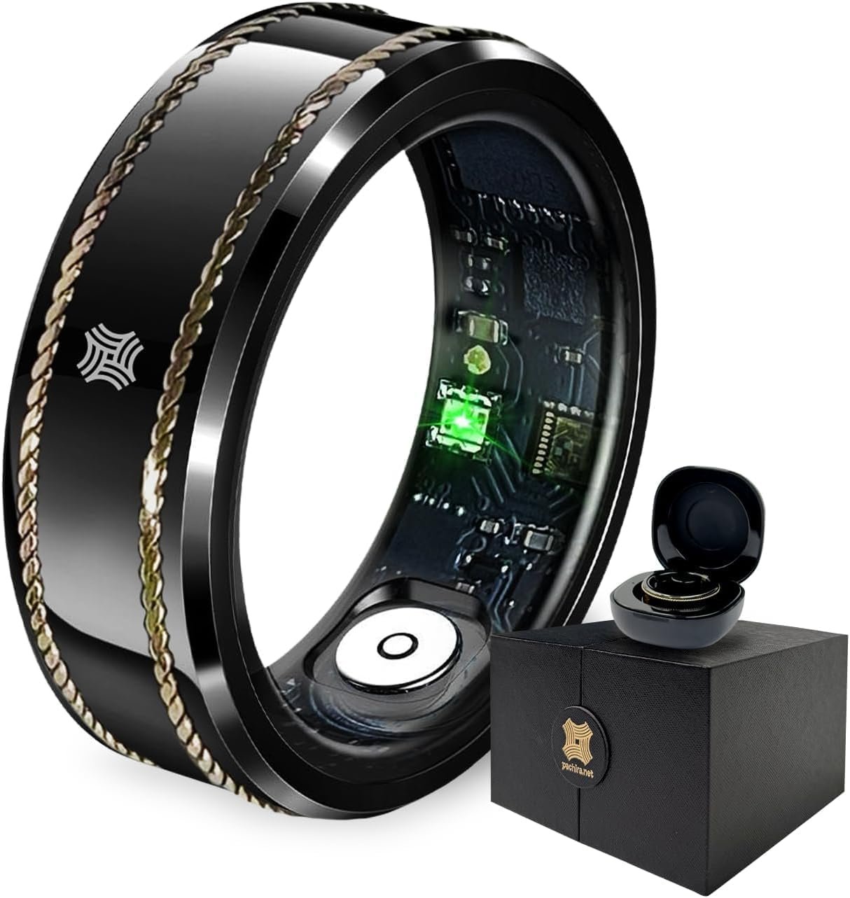 Pachira Smart Ring, Dual 14K Gold Inlays, Fitness/Sleep/Stress/Heart Rate/SpO2 Tracker, No App Subscription, 7-Day Battery Life, Size Before You Buy, Black (US Size 11.25)