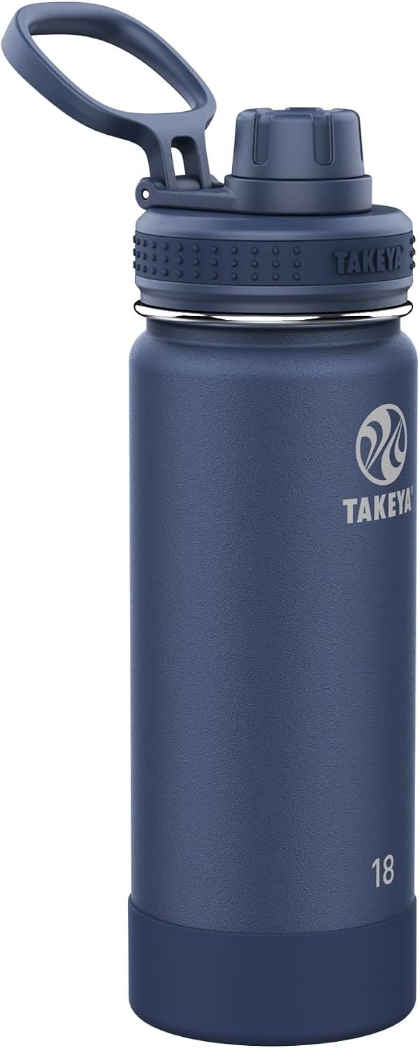Takeya Actives Stainless Steel Water Bottle, Insulated Spout Lid, Keeps Drinks Cold 24 Hrs, Leakproof, Durable, Dishwasher Safe, Ideal for Gym, Travel, Fits Most Cup Holders, 18 oz/Midnight Blue