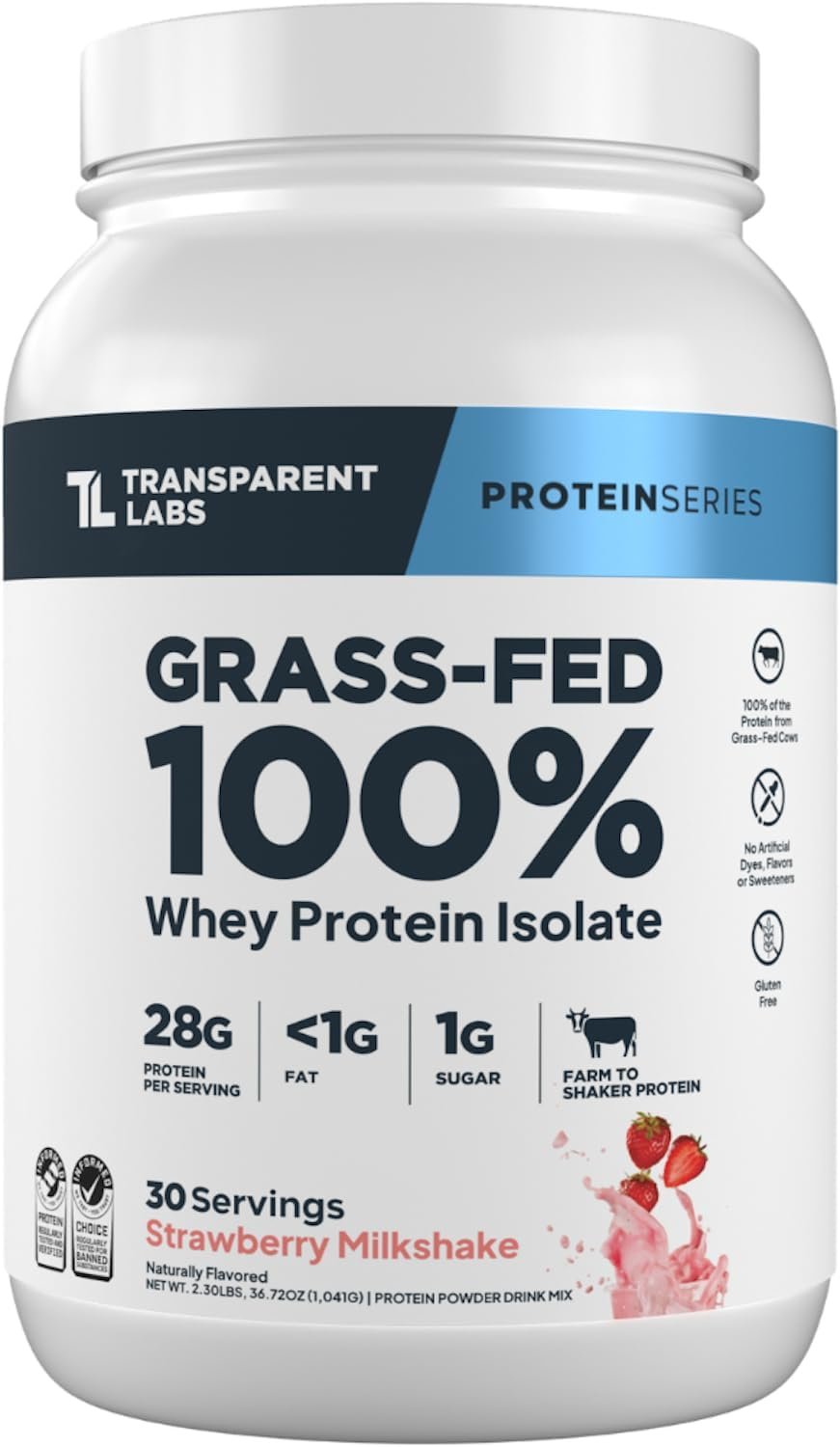 Transparent Labs Grass-Fed Whey Protein Isolate – Natural Flavor, Gluten Free Grassfed Whey Protein Powder w/ 28g of Protein per Serving & 9 Essential Amino Acids – 30 Servings, Strawberry Milkshake