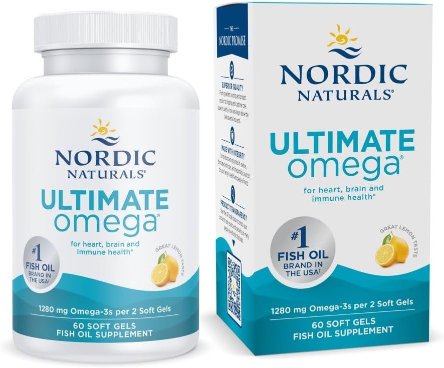 Nordic Naturals Ultimate Omega, 1280mg Omega-3 Fish Oil, Lemon – 60 Count | High-potency Omega-3 Fish Oil with EPA & DHA supports brain & heart health. Non-GMO, burpless formula. 30 servings.