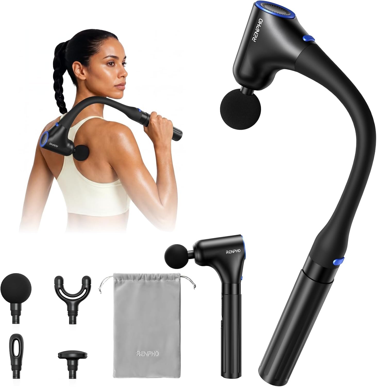 RENPHO Reach Curve Massage Gun with Extension Handle, 4-in-1 Massager | 10MM Deep Tissue, Handheld Back Neck Massager for Soreness, Travel Massage Tool, FSA Eligible HSA, Gifts for Men Women