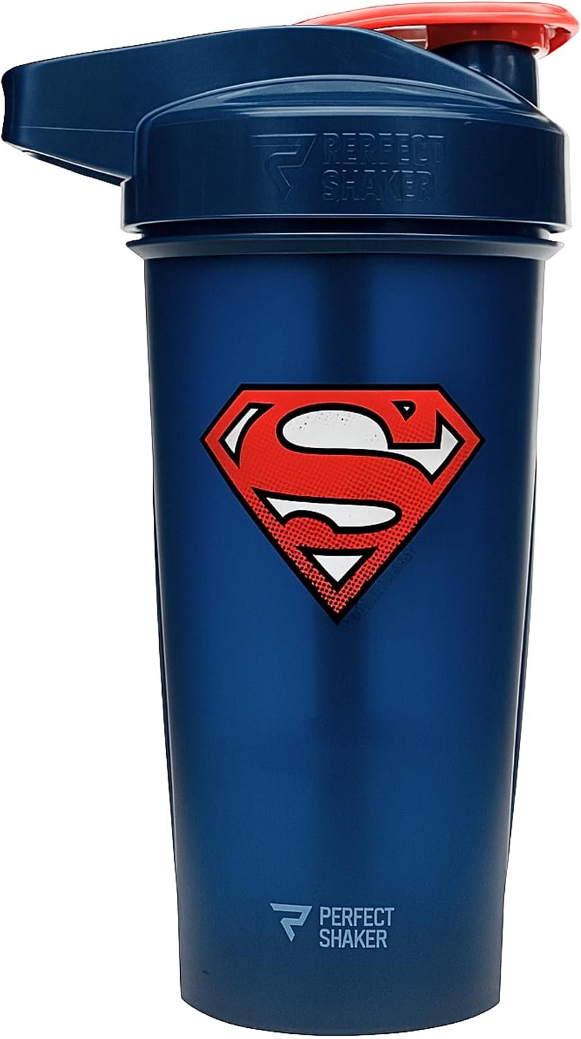 PerfectShaker ACTIV DC Comics & Justice League Series | Leak-Proof, BPA-Free, Shatter-Resistant | ActionRod Mixing Technology for Smooth Blends | Gym, Fitness & Sports Shaker – 28oz Superman(Blue)