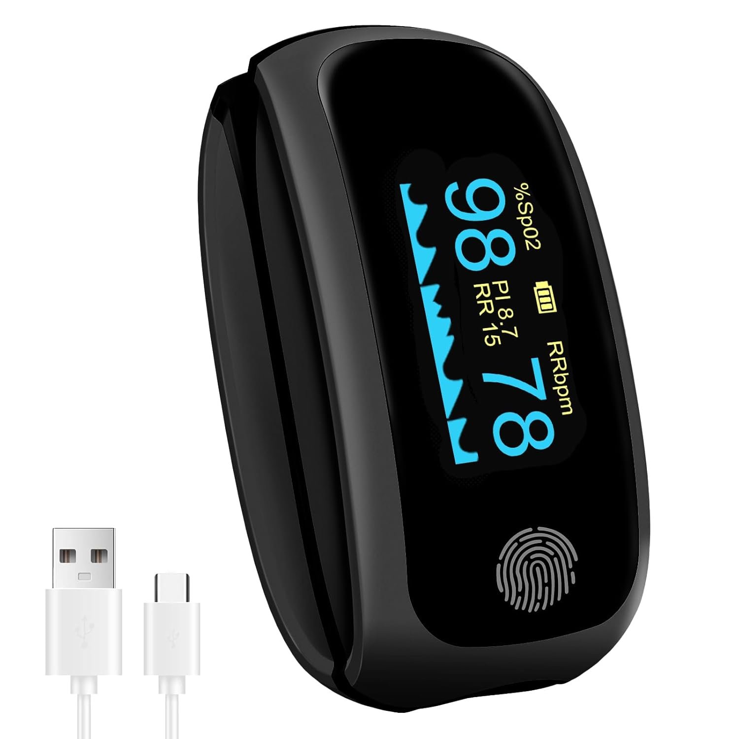Rechargeable pulse oximeter with respiration, with O2 Pulse Rate PI RR Respiratory Accurate Reliable Oximeter SpO2 Reading Not for medical use Black