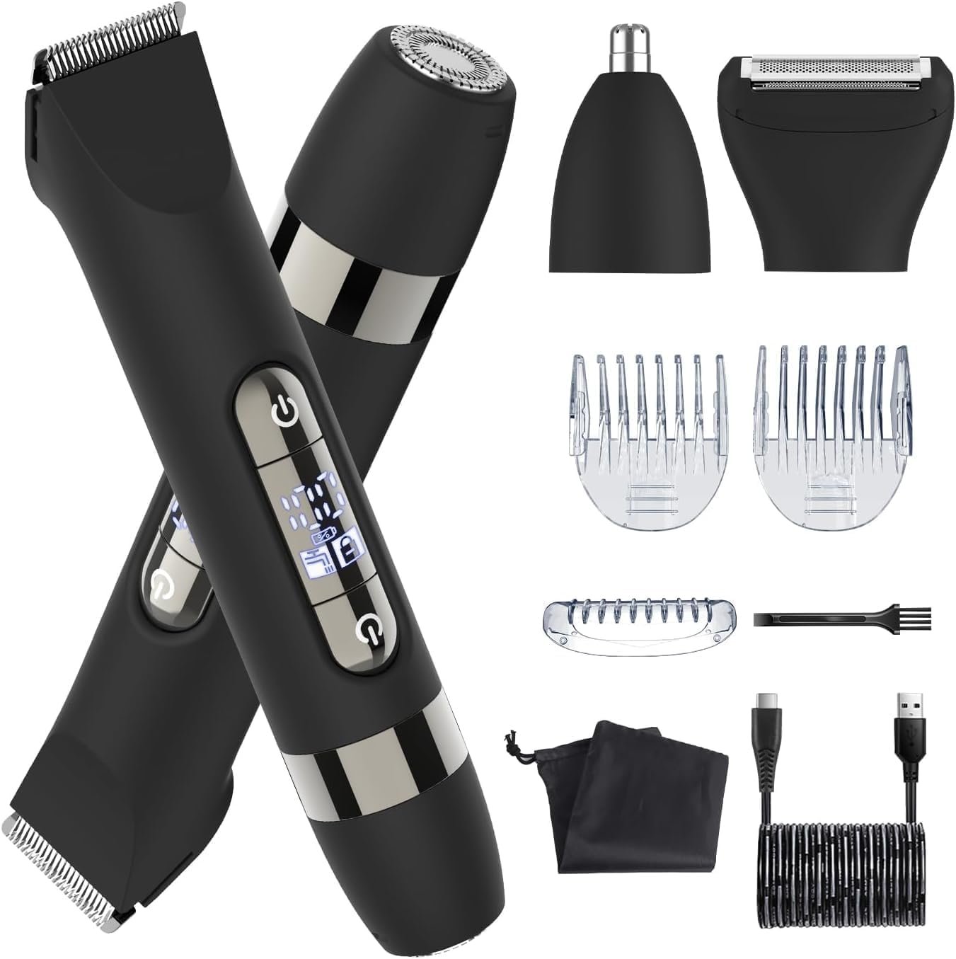 Hatteker 4 in 1 Multifunctional Dual – Head Body Hair Trimmer for Men, IPX7 Waterproof Groin & Body Hair Groomer, Rechargeable Body Electric Shaver Razor