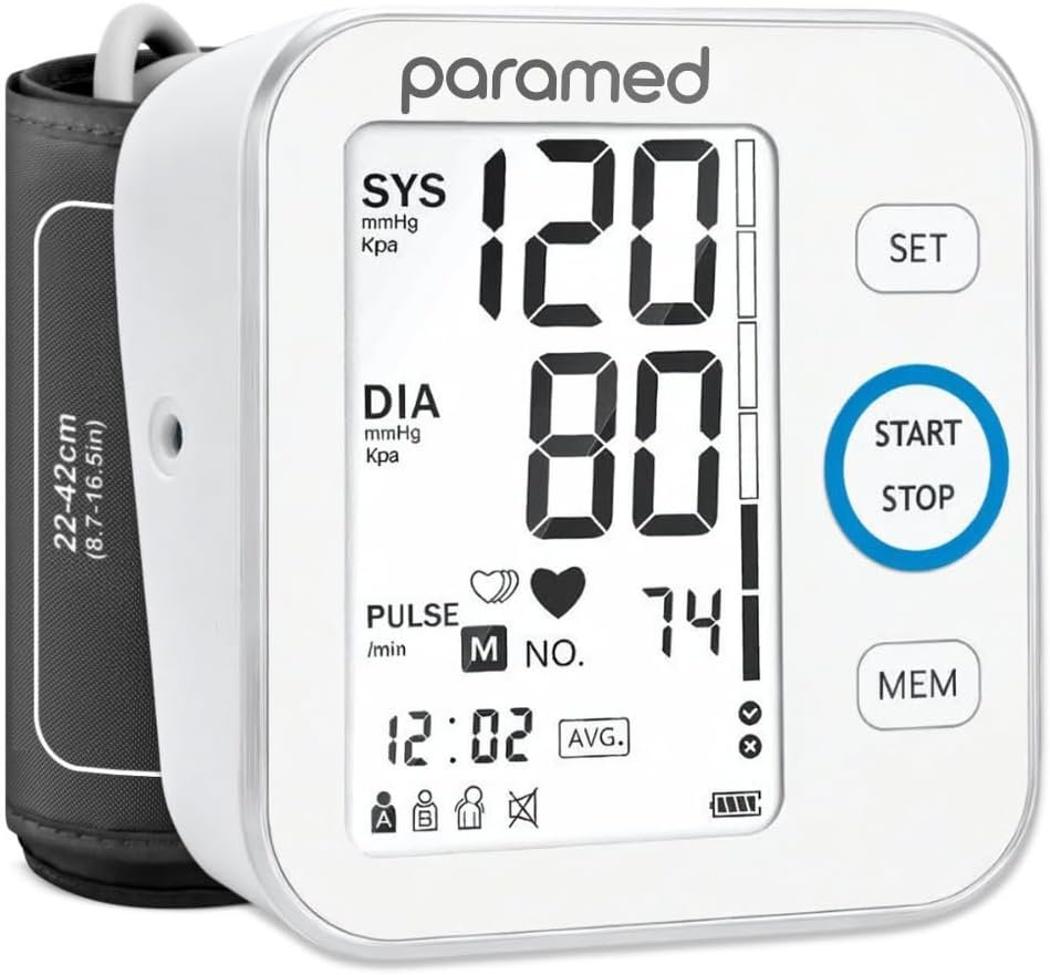 Paramed Blood Pressure Monitor – Bp Machine – Automatic Upper Arm Blood Pressure Cuff 8.7-16.5 inches – Large LCD Display 120 Sets Memory – Device Bag & Batteries Included