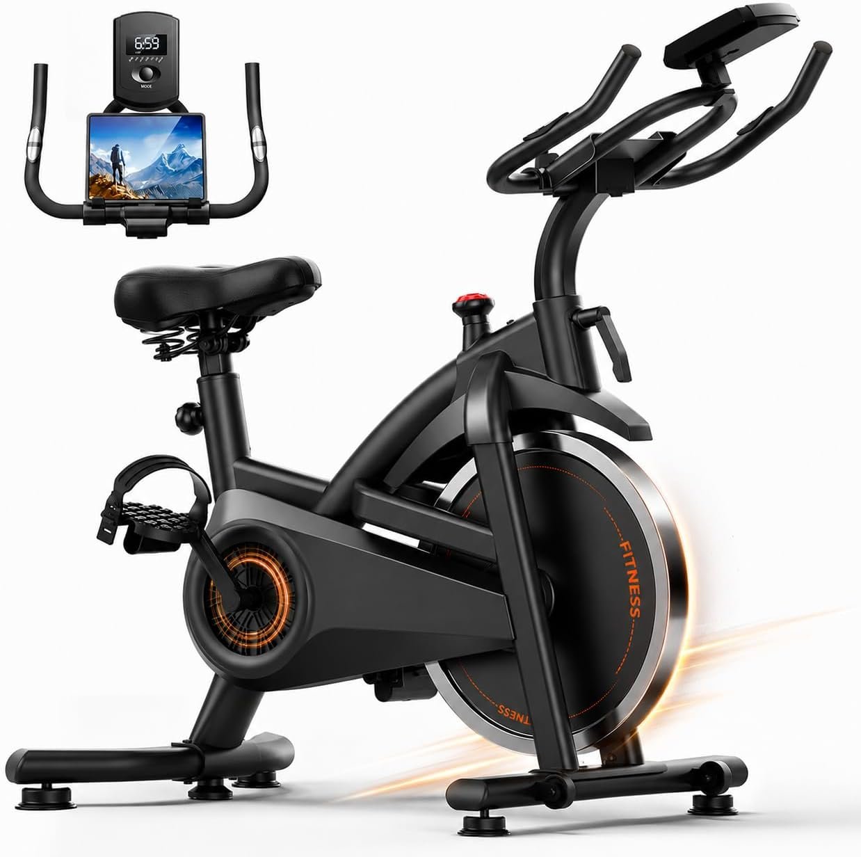 CURSOR FITNESS Exercise Bike, Stationary Bikes for Home with Brake Pad | Indoor Cycling Low Noise Bike for Home with Exclusive App, Spin Workout Bike with Tablet Mount, 300 lb Weight Capacity