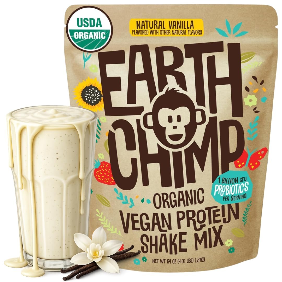 EarthChimp Organic Vegan Protein Powder – with Probiotics – Non GMO, Dairy Free, Non Whey, Plant Based Protein Powder for Women and Men, Gluten Free – 52 Servings 64 Oz (Vanilla)