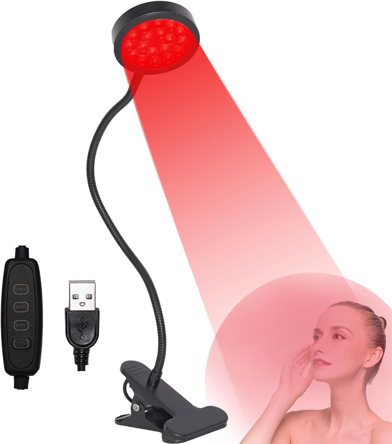 Red Light Relief Lamp for Face, USB-Powered, 18 LEDs 660nm and 850nm NIR‌ | LED Red Light for Body with Adjustable Angle and Clip, Suitable for Home Use, Relief