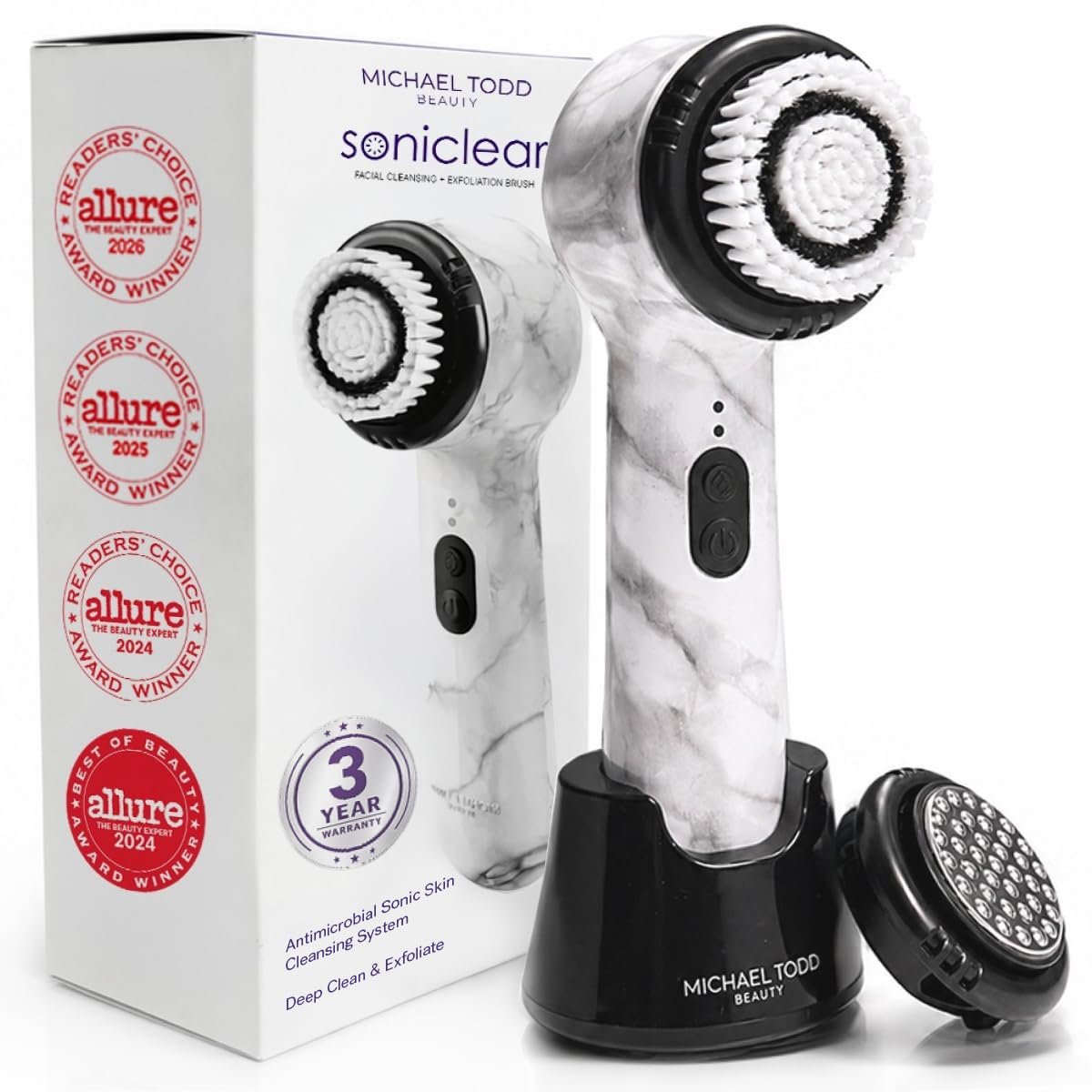 Michael Todd Beauty Soniclear Face Brush 2026 Allure Readers Choice Winner | Sonic Facial Cleansing (no rotating), Exfoliation Brush for Men/Women, Antimicrobial Protected, 4 speeds, Serum Infusion Head